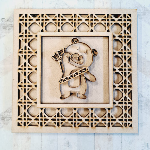 OL1849 - MDF Rattan effect square plaque with doodle Tribal - Bear 6 - Olifantjie - Wooden - MDF - Lasercut - Blank - Craft - Kit - Mixed Media - UK