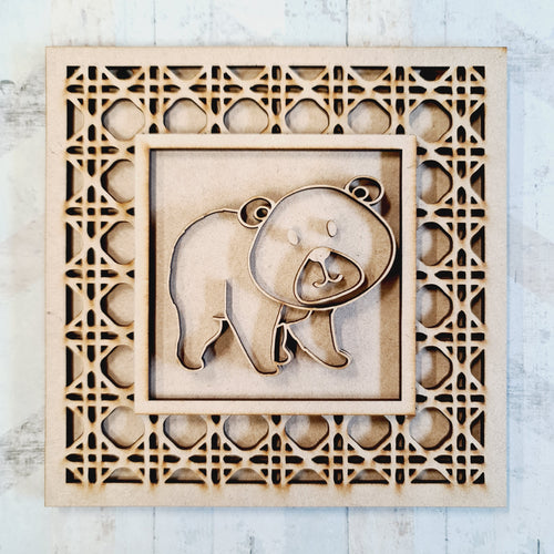 OL1854 - MDF Rattan effect square plaque with doodle Tribal - Bear 4 - Olifantjie - Wooden - MDF - Lasercut - Blank - Craft - Kit - Mixed Media - UK