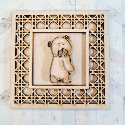 OL1855 - MDF Rattan effect square plaque with doodle Tribal - Bear 2 - Olifantjie - Wooden - MDF - Lasercut - Blank - Craft - Kit - Mixed Media - UK
