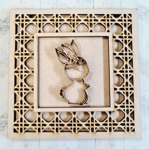 OL1836 - MDF Rattan effect square plaque with doodle Tribal - Bunny - Olifantjie - Wooden - MDF - Lasercut - Blank - Craft - Kit - Mixed Media - UK