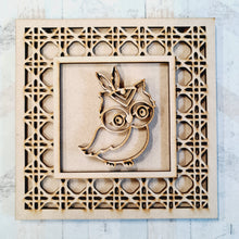 OL1840 - MDF Rattan effect square plaque with doodle Tribal - Owl - Olifantjie - Wooden - MDF - Lasercut - Blank - Craft - Kit - Mixed Media - UK