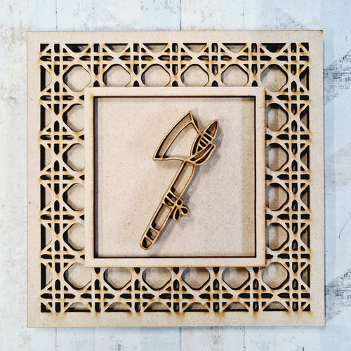 OL1844 - MDF Rattan effect square plaque with doodle Tribal - Axe - Olifantjie - Wooden - MDF - Lasercut - Blank - Craft - Kit - Mixed Media - UK
