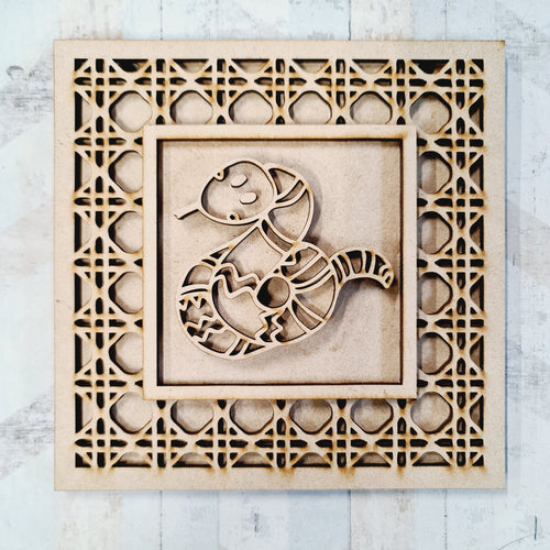 OL1842 - MDF Rattan effect square plaque with doodle Tribal - Snake - Olifantjie - Wooden - MDF - Lasercut - Blank - Craft - Kit - Mixed Media - UK