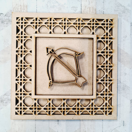 OL1843 - MDF Rattan effect square plaque with doodle Tribal - Bow and Arrow - Olifantjie - Wooden - MDF - Lasercut - Blank - Craft - Kit - Mixed Media - UK