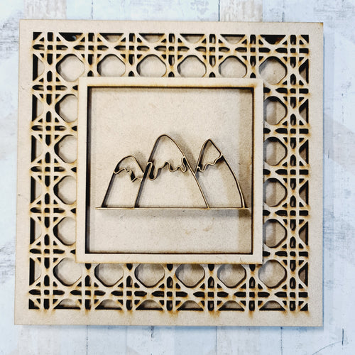 OL1845 - MDF Rattan effect square plaque with doodle Tribal - Mountains - Olifantjie - Wooden - MDF - Lasercut - Blank - Craft - Kit - Mixed Media - UK