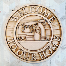 OL1826 - MDF Holiday Doodles -  Round Caravan camper  Tent Personalised  Scene Layered Plaque ‘Welcome to our home’ - Olifantjie - Wooden - MDF - Lasercut - Blank - Craft - Kit - Mixed Media - UK