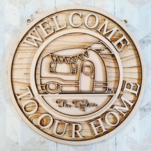 OL1826 - MDF Holiday Doodles -  Round Caravan camper  Tent Personalised  Scene Layered Plaque ‘Welcome to our home’ - Olifantjie - Wooden - MDF - Lasercut - Blank - Craft - Kit - Mixed Media - UK