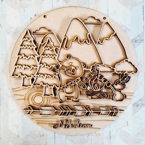 OL1856 - MDF Holiday Tribal  Doodles -  Round Bear Rabbit Fire Personalised  Scene Layered Plaque- Style 3 - Olifantjie - Wooden - MDF - Lasercut - Blank - Craft - Kit - Mixed Media - UK