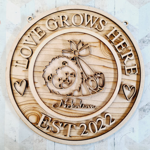 OL1709 - MDF Jungle personalised doodle Circle ‘love  grows here’ est date Plaque - Lion - Olifantjie - Wooden - MDF - Lasercut - Blank - Craft - Kit - Mixed Media - UK