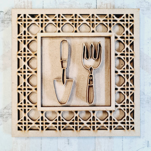 OL1659- MDF Rattan effect square plaque - Gardening Doodles - Trowel and Fork - Olifantjie - Wooden - MDF - Lasercut - Blank - Craft - Kit - Mixed Media - UK