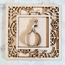 OL1883 - MDF Halloween Spider Web effect square plaque with doodle - Pumpkin 1 - Olifantjie - Wooden - MDF - Lasercut - Blank - Craft - Kit - Mixed Media - UK