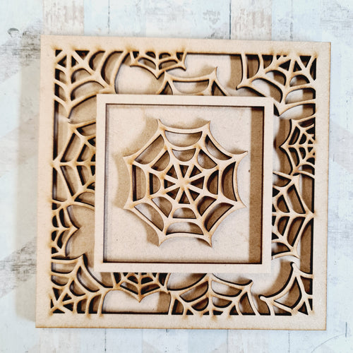 OL1885 - MDF Halloween Spider Web effect square plaque with doodle - Spider Web - Olifantjie - Wooden - MDF - Lasercut - Blank - Craft - Kit - Mixed Media - UK