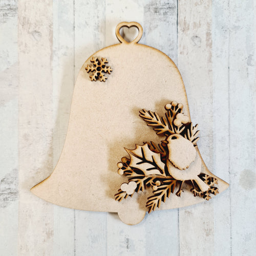 CH364 - MDF Christmas Robin Themed Hanging Bell Bauble - Olifantjie - Wooden - MDF - Lasercut - Blank - Craft - Kit - Mixed Media - UK