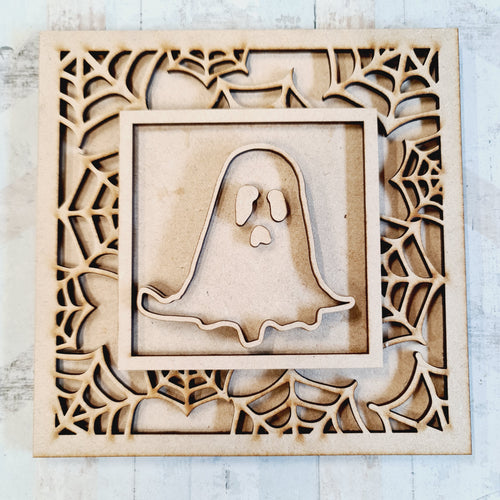 OL1916 - MDF Halloween Spider Web effect square plaque with doodle - Ghost 1 - Olifantjie - Wooden - MDF - Lasercut - Blank - Craft - Kit - Mixed Media - UK