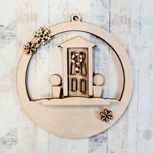 CH391 - MDF Christmas 3D layered bauble - Door and wreath - Olifantjie - Wooden - MDF - Lasercut - Blank - Craft - Kit - Mixed Media - UK