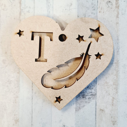 OL560 -MDF Double Layered Heart with Feather with Initial - Olifantjie - Wooden - MDF - Lasercut - Blank - Craft - Kit - Mixed Media - UK