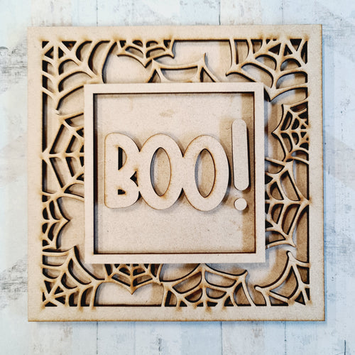 OL1920 - MDF Halloween Spider Web effect square plaque with doodle - Boo! - Olifantjie - Wooden - MDF - Lasercut - Blank - Craft - Kit - Mixed Media - UK