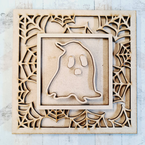 OL1919 - MDF Halloween Spider Web effect square plaque with doodle - Ghost 4 - Olifantjie - Wooden - MDF - Lasercut - Blank - Craft - Kit - Mixed Media - UK