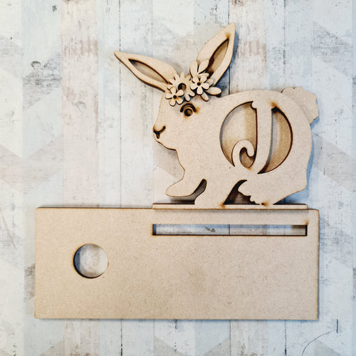 OL562 -MDF Freestanding Double Layered Easter Bunny Egg Holder with Flowers and Initial - Olifantjie - Wooden - MDF - Lasercut - Blank - Craft - Kit - Mixed Media - UK