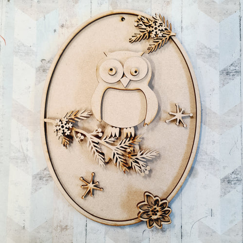 CH433  - MDF Winter Owl with frame - Olifantjie - Wooden - MDF - Lasercut - Blank - Craft - Kit - Mixed Media - UK