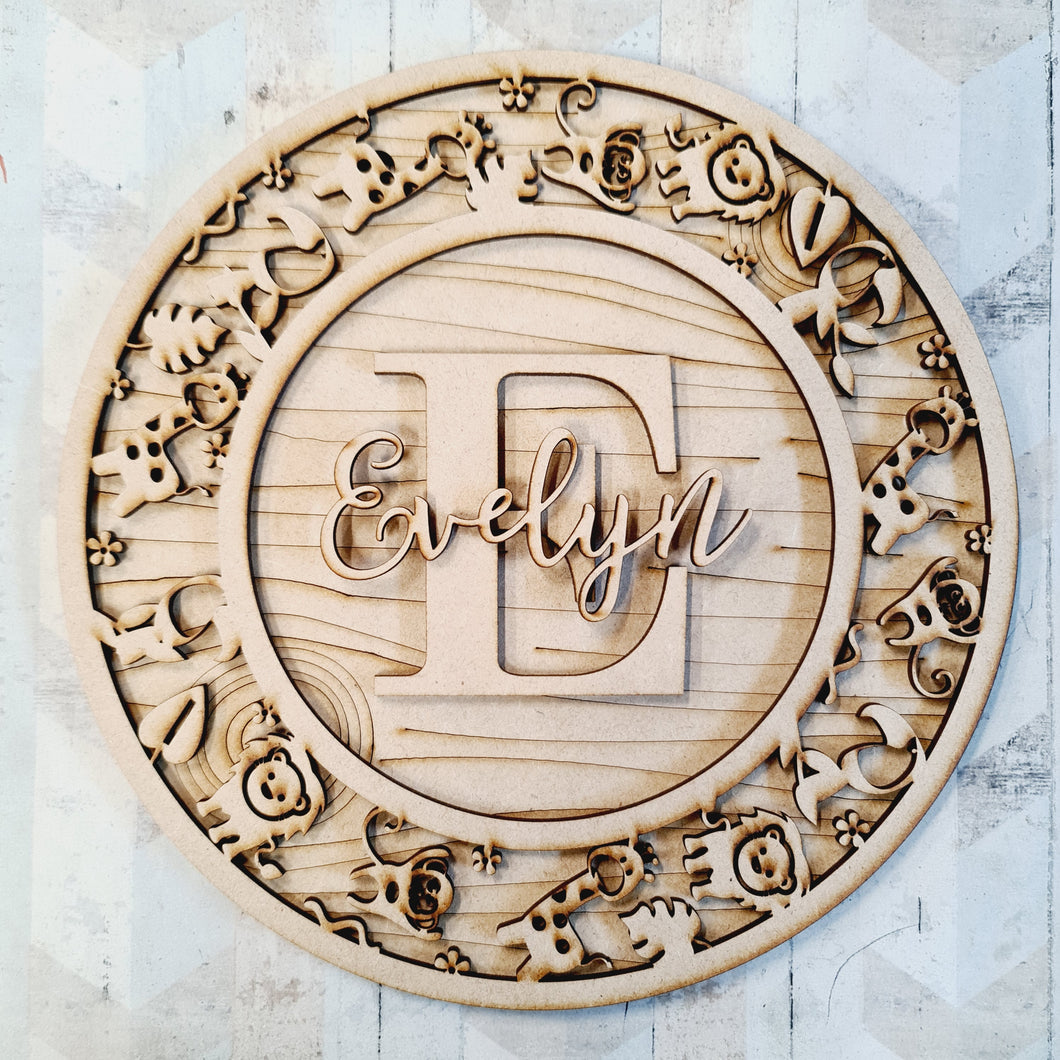 OL467 -MDF Personalised Circle Plaque Frame - Jungle / Zoo  Theme - Olifantjie - Wooden - MDF - Lasercut - Blank - Craft - Kit - Mixed Media - UK