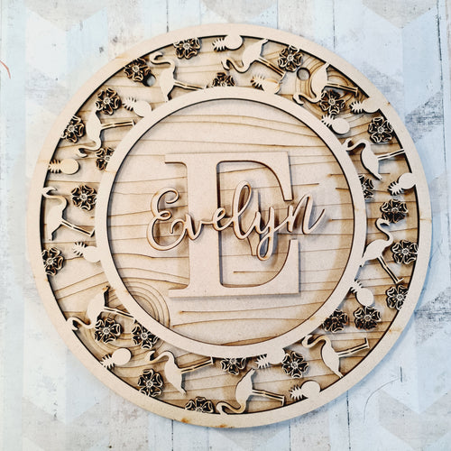 OL1217 - MDF Personalised Circle Plaque Frame - Flamingo and pineapple  Theme - Olifantjie - Wooden - MDF - Lasercut - Blank - Craft - Kit - Mixed Media - UK