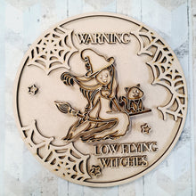 OL1928 - MDF Halloween Doodles -  Round  Scene Layered Plaque-  Flying Witch ‘warning low flying witches’ - Olifantjie - Wooden - MDF - Lasercut - Blank - Craft - Kit - Mixed Media - UK