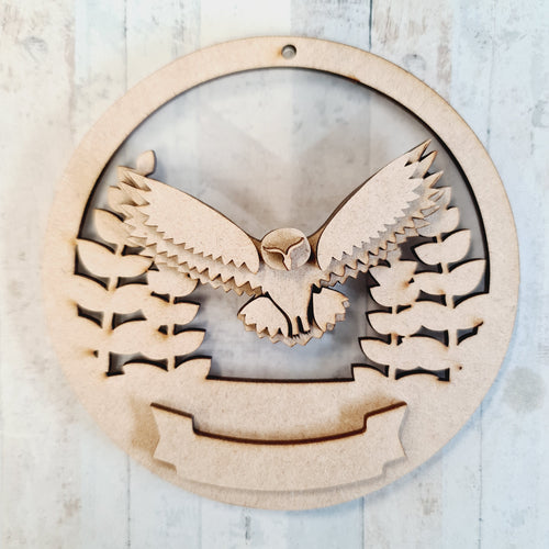 CH122 - MDF & Acrylic Owl Woodland Circle Bauble - Olifantjie - Wooden - MDF - Lasercut - Blank - Craft - Kit - Mixed Media - UK