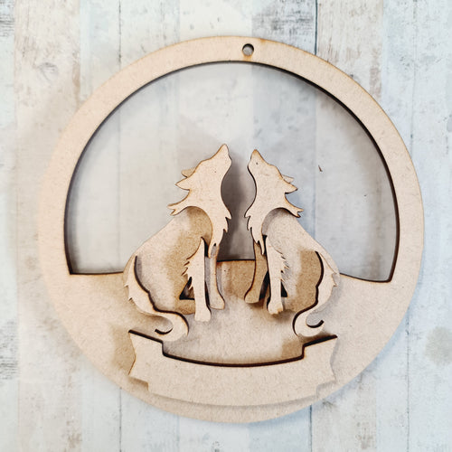 CH127 - MDF & Acrylic Wolves Circle Bauble - Olifantjie - Wooden - MDF - Lasercut - Blank - Craft - Kit - Mixed Media - UK