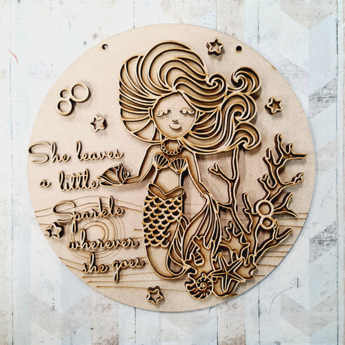 OL1930 - MDF Mermaid Doodles - Round  Scene Layered Plaque ‘she leaves a little sparkle’ Mermaid Style 1 - Olifantjie - Wooden - MDF - Lasercut - Blank - Craft - Kit - Mixed Media - UK