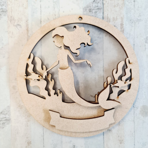 CH133 - MDF & Acrylic Mermaid Circle Bauble - Olifantjie - Wooden - MDF - Lasercut - Blank - Craft - Kit - Mixed Media - UK