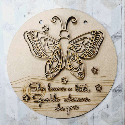 OL1929 - MDF Tribal Doodles -  Butterfly - Round  Scene Layered Plaque ‘she leaves a little sparkle’ - Olifantjie - Wooden - MDF - Lasercut - Blank - Craft - Kit - Mixed Media - UK