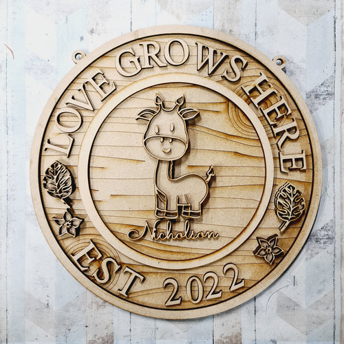 OL1735 - MDF Jungle personalised doodle Circle ‘love  grows here’ est date Plaque - Giraffe style 1 - Olifantjie - Wooden - MDF - Lasercut - Blank - Craft - Kit - Mixed Media - UK