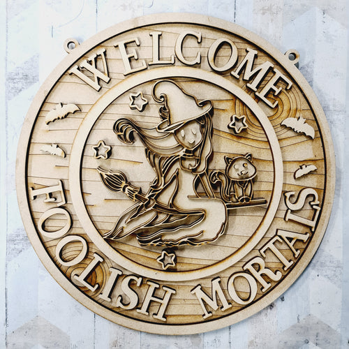 OL1927 - MDF Halloween Doodles -  Round  Scene Layered Plaque-  Flying Witch ‘welcome foolish mortals’ - Olifantjie - Wooden - MDF - Lasercut - Blank - Craft - Kit - Mixed Media - UK