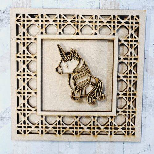 OL1969  - MDF Rattan effect square plaque with Unicorn doodle - Style 1 - Olifantjie - Wooden - MDF - Lasercut - Blank - Craft - Kit - Mixed Media - UK