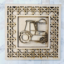 OL1962 - MDF Rattan effect square plaque with farm doodle - Tractor - Olifantjie - Wooden - MDF - Lasercut - Blank - Craft - Kit - Mixed Media - UK