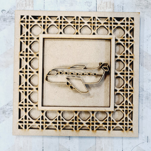 OL1963 - MDF Rattan effect square plaque with farm doodle - Aeroplane - Olifantjie - Wooden - MDF - Lasercut - Blank - Craft - Kit - Mixed Media - UK