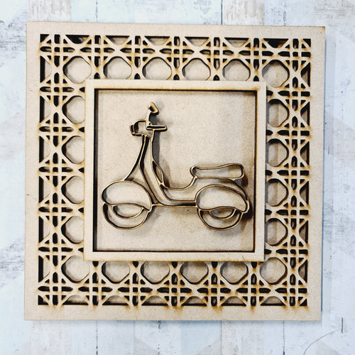 OL1964 - MDF Rattan effect square plaque with farm doodle - Scooter - Olifantjie - Wooden - MDF - Lasercut - Blank - Craft - Kit - Mixed Media - UK