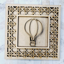 OL1965 - MDF Rattan effect square plaque with doodle - Hot Air Balloon 1 - Olifantjie - Wooden - MDF - Lasercut - Blank - Craft - Kit - Mixed Media - UK