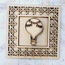 OL1966 - MDF Rattan effect square plaque with doodle - Hot Air Balloon 2 - Olifantjie - Wooden - MDF - Lasercut - Blank - Craft - Kit - Mixed Media - UK