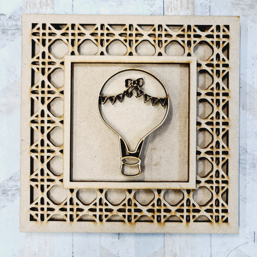 OL1967 - MDF Rattan effect square plaque with doodle - Hot Air Balloon 3 - Olifantjie - Wooden - MDF - Lasercut - Blank - Craft - Kit - Mixed Media - UK