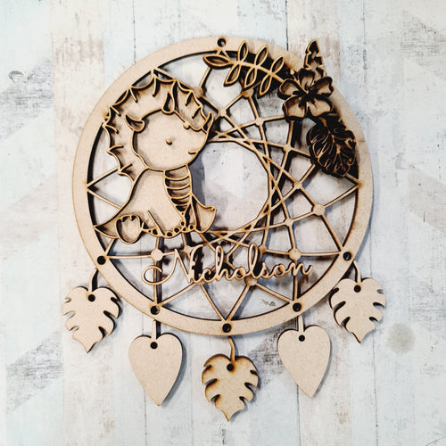DC075 - MDF Doodle Dinosaur Style 2 Dream Catcher - with Initials, Name or Wording - Olifantjie - Wooden - MDF - Lasercut - Blank - Craft - Kit - Mixed Media - UK