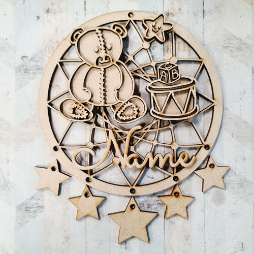 DC087 - MDF Doodle Nursery - Teddybear  Dream Catcher - with Initials, Name or Wording - Olifantjie - Wooden - MDF - Lasercut - Blank - Craft - Kit - Mixed Media - UK