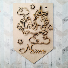 FG035 - MDF Themed Personalised Pennant Flag - Doodle Unicorn - Style 1 - Olifantjie - Wooden - MDF - Lasercut - Blank - Craft - Kit - Mixed Media - UK