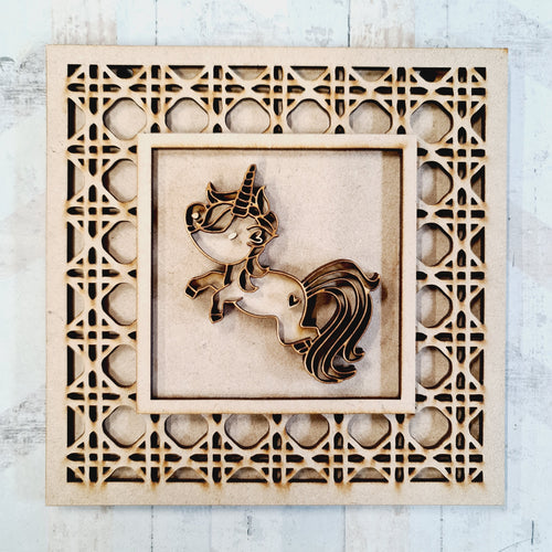 OL1973  - MDF Rattan effect square plaque with Unicorn doodle - Style 5 - Olifantjie - Wooden - MDF - Lasercut - Blank - Craft - Kit - Mixed Media - UK