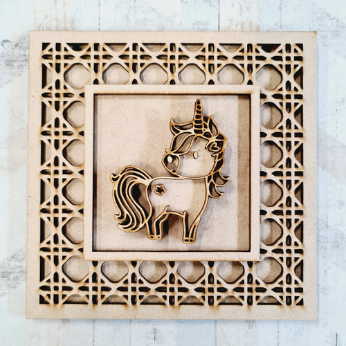 OL1975  - MDF Rattan effect square plaque with Unicorn doodle - Style 7 - Olifantjie - Wooden - MDF - Lasercut - Blank - Craft - Kit - Mixed Media - UK