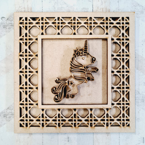 OL1976 - MDF Rattan effect square plaque with Unicorn doodle - Style 8 - Olifantjie - Wooden - MDF - Lasercut - Blank - Craft - Kit - Mixed Media - UK