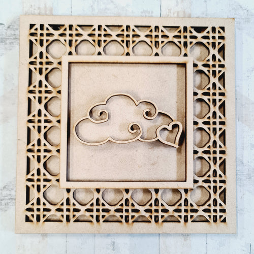 OL1977 - MDF Rattan effect square plaque with Unicorn doodle - Cloud heart - Olifantjie - Wooden - MDF - Lasercut - Blank - Craft - Kit - Mixed Media - UK