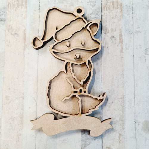 OL2069 - MDF Doodle Christmas Woodland Hanging - Fox 2 Hat - with or without banner - Olifantjie - Wooden - MDF - Lasercut - Blank - Craft - Kit - Mixed Media - UK