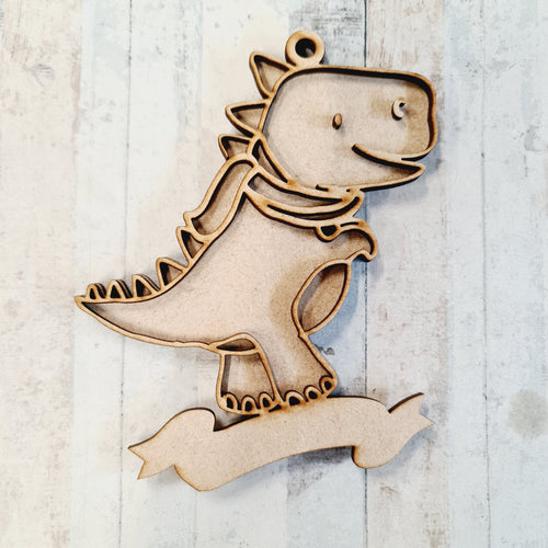OL2046 - MDF Doodle Christmas Dinosaur Hanging - Dino 4 Scarf - with or without banner - Olifantjie - Wooden - MDF - Lasercut - Blank - Craft - Kit - Mixed Media - UK